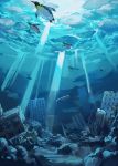  bird building ice karita_(kali_lgk) light no_humans original penguin ruins traffic_light underwater underwater_city 