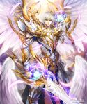  1boy angel_wings armor clouds feathered_wings gauntlets glowing glowing_weapon gold_armor grey_eyes kei1115 official_art shingoku_no_valhalla_gate solo standing sword watermark weapon web_address white_armor white_hair wings 