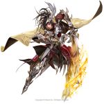  1boy armor black_hair cape copyright flaming_sword gauntlets greaves original shoulder_spikes slashing solo spikes sword victor_bang war_of_legions weapon white_background wing_hair_ornament 