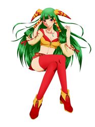  1girl alternate_eye_color alternate_hairstyle crossed_legs feena_(grandia) full_body grandia grandia_i green_hair hair_down hair_tubes jewelry long_hair midriff necklace pendant red_eyes red_legwear red_shoes shoes single_earring sitting solo thigh-highs ustumi_soudou very_long_hair white_background wide_sleeves zettai_ryouiki 