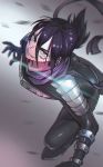  1boy armor ass black_hair bodysuit facial_mark folded_ponytail gkfkqkch1 hair_between_eyes looking_at_viewer male_focus ninja onepunch_man onsoku_no_sonic scarf smile solo 
