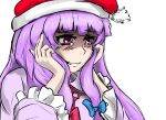  1girl :d bangs blue_bow blunt_bangs blush bobblehat bow collar dress frilled_dress frilled_sleeves frills hair_bow hands_on_own_face hat jpeg_artifacts long_hair long_sleeves looking_to_the_side open_mouth pan-ooh parted_lips patchouli_knowledge purple_hair red_bow red_ribbon ribbon santa_hat simple_background smile solo tears teeth touhou upper_body violet_eyes white_background 