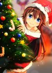  1girl blue_eyes brown_hair christmas christmas_tree hat long_hair original santa_hat solo takamine_kokone takamine_tsukumo 