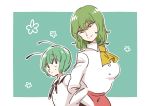  2girls antennae ascot back-to-back green_background green_hair height_difference kazami_yuuka locked_arms multiple_girls short_hair simple_background touhou tsuga wriggle_nightbug 