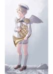  1boy angel_wings bird blonde_hair blue_eyes death epaulettes feathers french_horn full_body hat instrument karita_(kali_lgk) looking_to_the_side male_focus military_hat neck_ribbon original pillarboxed ribbon shadow short_shorts shorts socks solo wings 
