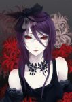  1girl black_dress black_rose black_sclera bzerox dress flower glasses hair_between_eyes hair_over_face hat highres jewelry kamishiro_rize light_smile looking_at_viewer necklace purple_hair red_eyes rose solo tokyo_ghoul 