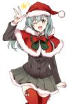  1girl :d ;d alternate_costume alternate_eye_color aqua_hair arm_up buttons capelet fur green_hair hair_ornament hairclip hat jacket kantai_collection long_hair long_sleeves nagomi_(mokatitk) one_eye_closed open_mouth pleated_skirt red_legwear ribbon salute santa_hat simple_background skirt smile solo star suzuya_(kantai_collection) thigh-highs white_background yellow_eyes zettai_ryouiki 