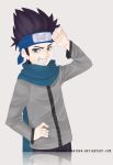  1boy black_eyes black_hair forehead_protector grey_background naruto naruto_shippuuden sarutobi_konohamaru scarf silent_feather simple_background solo spiky_hair 