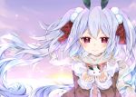  1girl chico152 hair_ornament hair_ribbon original red_eyes ribbon scarf snow_bunny solo twintails white_hair 