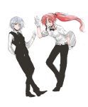  2girls alternate_hairstyle arm_behind_back butler formal fujinon_(izayoi) full_body gloves grin high_ponytail hong_meiling izayoi_sakuya multiple_girls no_headwear one_eye_closed pant_suit ponytail redhead sleeves_rolled_up smile suit touhou tray v vest white_background white_gloves 