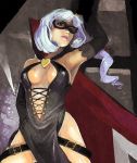  1girl armpits arsene bangs black_gloves blue_hair breasts cape curly_hair gloves henriette_mystere large_breasts latex latex_gloves light_smile lipstick makeup navel realistic side_ponytail solo tantei_opera_milky_holmes thighs zimbabwefumi 