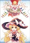  2girls :d ^_^ aozora_market ascot blonde_hair closed_eyes dress fangs flandre_scarlet hair_ribbon hat incoming_hug kirisame_marisa mob_cap multiple_girls open_mouth outstretched_arms reaching_out ribbon side_ponytail skirt smile touhou tress_ribbon upside-down vest wavy_hair wings witch_hat yellow_eyes 