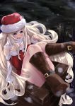  1girl blonde_hair boots chimney christmas hat highres long_hair original raycat santa_costume santa_hat solo stuck very_long_hair violet_eyes 