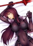  1girl bodysuit breasts covered_navel fate/grand_order fate_(series) gae_bolg guen highres large_breasts long_hair looking_at_viewer lying on_back polearm purple_gloves purple_hair red_eyes scathach_(fate/grand_order) solo spear weapon 