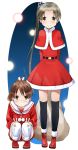  2girls alternate_costume arms_behind_back ayanami_(kantai_collection) bag belt black_legwear boots brown_eyes brown_hair capelet double_v hair_ribbon kantai_collection katatsuka_kouji light_brown_hair lights long_hair long_sleeves multiple_girls ponytail red_boots red_cape ribbon sack santa_costume shikinami_(kantai_collection) short_hair side_ponytail skirt smile squatting standing thigh-highs v very_long_hair white_legwear zettai_ryouiki 
