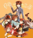  6+boys :&gt; backwards_hat baseball_cap beret black_hair brown_eyes brown_hair calme_(pokemon) closed_eyes glasses_on_head gold_(pokemon) hat kouki_(pokemon) kyouhei_(pokemon) multiple_boys pokemon pokemon_(game) pokemon_bw red_(pokemon) short_hair sweatdrop tanisakiho touya_(pokemon) v visor yuuki_(pokemon) 