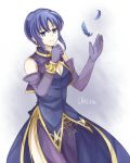 1girl bare_shoulders belly_chain black_feathers blue_eyes blue_hair bracelet breasts character_name cleavage dress earrings elbow_gloves feathers fire_emblem fire_emblem:_rekka_no_ken gloves jewelry lowres short_hair side_slit sleeveless sleeveless_dress smile solo ursula_(fire_emblem) 
