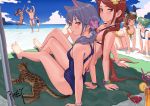  1boy 6+girls all_fours arm_support artist_name ball beach beachball bikini blue_sky blue_swimsuit blush bracelet breasts brown_hair cat cleavage closed_mouth clouds cloudy_sky cocktail_glass competition_swimsuit cup dark_skin day drinking_glass drinking_straw extra_ears fkey flower green_hair grey_hair hair_flower hair_ornament jewelry jumping long_hair looking_at_another looking_at_viewer looking_back multiple_girls ocean one-piece_swimsuit open_mouth original outdoors red_eyes sitting sky small_breasts standing standing_on_one_leg swimsuit water white_bikini yellow_bikini 