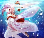  1girl bare_shoulders blush braid cherry_blossoms flower hair_flower hair_ornament highres japanese_clothes kimono long_hair miyu_(pixiv5287128) open_mouth pink_hair red_eyes sergestid_shrimp_in_tungkang shrimp single_braid solo underwater xuan_ying 