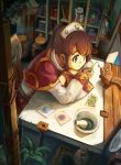  1girl animal book brown_eyes brown_hair capelet chair darkers fern highres long_hair mortar ponytail squirrel table window 