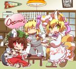  3girls :q alternate_costume animal_ears apron blonde_hair brown_hair cat_ears cat_tail chen contemporary cooking_pot dress english first_aid_kit fox_ears fox_tail frilled_dress frills hakurei_reimu hat hong_meiling ikuta_takanon italian long_hair mob_cap multiple_girls multiple_tails red_eyes rice rice_bowl scarlet_devil_mansion short_hair sliding_doors slippers tail tongue tongue_out touhou two_tails yakumo_ran yakumo_yukari yellow_eyes 