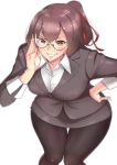  1girl adjusting_glasses alternate_costume bespectacled bifidus black_legwear blouse breasts brown_eyes brown_hair formal glasses grin hand_on_hip ise_(kantai_collection) jacket kantai_collection large_breasts leaning_forward miniskirt office_lady pantyhose pencil_skirt ponytail skirt skirt_suit sleeve_cuffs smile solo suit unbuttoned white_blouse 