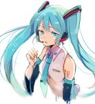  1girl bare_shoulders blue_eyes blue_hair detached_sleeves hair_ribbon hat hatsune_miku headset long_hair looking_at_viewer necktie open_mouth paragasu_(parags112) ribbon shirt solo twintails upper_body very_long_hair vocaloid wide_sleeves 