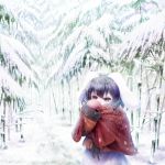  1girl animal_ears bamboo bamboo_forest black_hair breath coat cold covered_mouth cowboy_shot footprints forest inaba_tewi long_sleeves looking_away mittens nature rabbit_ears red_eyes scarf scarf_over_mouth short_hair snow snow_on_head solo touhou winter yagyu-pix 