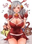  1girl blush breasts candy candy_cane character_name christmas cleavage food gift girls_frontline gloves highres horns large_breasts looking_at_viewer red_eyes silver_hair skirt smile snowru spas-12_(girls_frontline) v 