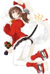  1girl animal_hat ass bell blush brown_eyes brown_hair cat_hat cat_tail commentary_request gift hat highres kantai_collection looking_at_viewer pantyhose ryuujou_(kantai_collection) sack santa_costume shikigami short_hair sino_(sionori) solo tail twintails white_legwear 