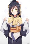  animal_ears black_hair capelet hair_ornament japanese_clothes kenkaizar kuon_(utawareru_mono) obi parted_lips sash utawareru_mono utawareru_mono:_itsuwari_no_kamen yellow_eyes 