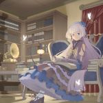  1girl bare_shoulders blue_eyes book bookshelf butterfly couch dress gothic_lolita hairband high_heels hime_cut lamp lolita_fashion lolita_hairband long_hair odette_(sennen_sensou_aigis) opera_gloves petticoat phonograph pocket_watch sennen_sensou_aigis shadow silver_hair sitting smile soll56 solo watch 