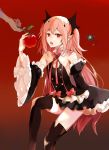  1girl absurdres apple bare_shoulders bat black_boots black_dress black_legwear boots detached_sleeves dolce_(2455485736) dress fang food fruit highres krul_tepes long_hair looking_at_viewer owari_no_seraph pink_hair pointy_ears red_eyes ribbon solo thigh-highs thigh_boots two_side_up vampire very_long_hair 