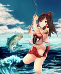  1girl belt blue_eyes blue_sky bow breasts brown_hair capelet character_request cleavage clouds fish fishing fishing_line fishing_rod hair_bow hair_tubes highres horizon looking_at_viewer maoshenzou monster_hunter ocean outdoors parted_lips pleated_skirt ponytail skirt sky small_breasts smile solo spaulders standing_on_one_leg 