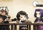  &gt;_&lt; 3girls apron black_hair blush clock closed_eyes dated food hamburger hamu_koutarou kantai_collection mechanical_halo miyuki_(kantai_collection) multiple_girls musashi_(kantai_collection) purple_hair school_uniform serafuku table tatsuta_(kantai_collection) translated white_hair 