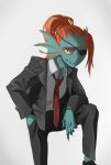  1girl alternate_costume arm_support black_shoes blue_skin collared_shirt eyepatch eyeshadow formal head_fins leaning_forward makeup meammy monster_girl necktie pant_suit pants ponytail red_necktie redhead sharp_teeth shirt shoes slit_pupils solo suit unbuttoned undertale undyne yellow_sclera 
