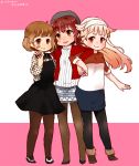  3girls :d alternate_costume arashi_(kantai_collection) bandage_on_face brown_eyes brown_hair casual hair_flaps hair_ornament hairband hairclip highres kantai_collection kobone light_brown_hair long_hair looking_at_viewer multiple_girls oboro_(kantai_collection) open_mouth pantyhose remodel_(kantai_collection) short_hair smile yuudachi_(kantai_collection) 
