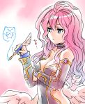  1girl angel_wings aqua_eyes archangel_metatron_(p&amp;d) blue_eyes breasts cleavage detached_sleeves drawing highres ishiyumi long_hair low_wings pen pink_hair puzzle_&amp;_dragons solo tamadra wavy_hair wings 