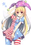  1girl american_flag_legwear american_flag_shirt blonde_hair blush clownpiece dress fairy_wings frilled_collar hat highres jester_cap long_hair looking_at_viewer megarisu pantyhose polka_dot pout red_eyes short_sleeves simple_background solo star striped touhou very_long_hair white_background wings 