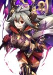  1girl albino armor bangs boots breasts cape carrying_over_shoulder gloves granblue_fantasy grey_hair grin hair_between_eyes hakoniwa_tsuka highres holding_weapon horns large_breasts long_hair looking_at_viewer pleated_skirt red_eyes red_skirt sarasa_(granblue_fantasy) sharp_teeth simple_background skirt smile solo thigh-highs thigh_boots white_background zettai_ryouiki 
