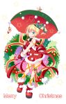  1girl blonde_hair blue_eyes boots christmas dress edna_(tales) hair_ribbon highres normin_(tales) ribbon santa_costume side_ponytail solo tales_of_(series) tales_of_zestiria tinkle2013 umbrella 