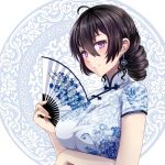 1girl ahoge antenna_hair beifeng_han breast_hold breasts china_dress chinese_clothes cleavage curly_hair earrings fan floral_print folding_fan hair_between_eyes jewelry large_breasts original smile violet_eyes 