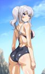  1girl ass blue_eyes breasts competition_swimsuit from_behind kantai_collection kashima_(kantai_collection) large_breasts long_hair looking_back monteri no_hat one-piece_swimsuit silver_hair swimsuit twintails 