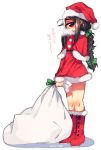  1girl black_hair blush boots braid christmas cyclops dated hat highres long_hair looking_at_viewer muroku_(aimichiyo0526) one-eyed original red_eyes sack santa_costume santa_hat simple_background solo translated white_background 