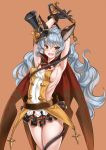  1girl animal_ears armpits arms_up black_gloves blue_hair blush breasts cape earrings ferry_(granblue_fantasy) gloves granblue_fantasy halloween hat jewelry kure_masahiro long_hair looking_at_viewer open_mouth rabbit_ears showing_armpits sideboob smile solo sweat wavy_hair yellow_eyes 