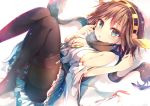  1girl bare_shoulders blue_eyes breasts brown_hair detached_sleeves hairband hiei_(kantai_collection) japanese_clothes kantai_collection nontraditional_miko pantyhose scarf short_hair sideboob solo suneo 