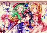  3girls :d ^_^ alternate_costume asymmetrical_wings bangs black_hair blonde_hair blush boots border bow chestnut_mouth closed_eyes cropped_legs diamond_(shape) double_scoop dress eyeball eyebrows eyebrows_visible_through_hair fang finger_to_mouth flandre_scarlet floral_print food food_themed_clothes frills fur_trim green_hair hair_bow hair_ornament hair_ribbon hat hat_ribbon heart heart_of_string highres holding_food houjuu_nue ice_cream ice_cream_cone ice_cream_cone_spill komeiji_koishi lace lace-trimmed_bow lace_background long_sleeves looking_at_viewer multiple_girls one_side_up open_mouth pounce print_dress purple_legwear pushing red_boots red_bowtie red_eyes red_ribbon ribbon ribbon_trim shanghai_bisu short_hair skirt smile spread_fingers strawberry_hair_ornament strawberry_print swept_bangs thigh-highs third_eye too_many too_many_scoops touhou triple_scoop wavy_mouth wings zettai_ryouiki 