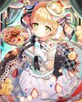 1girl 2015 bangs black_bow blonde_hair bottle bow breasts cake cake_hat cleavage cookie curtains dress food food_as_clothes food_themed_clothes fruit gingerbread_man gio_(maroon0924) gloves green_eyes hair_bow official_art original plate smile solo strawberry tenkuu_no_crystalia watermark white_gloves 