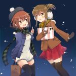  2girls :d alternate_costume black_legwear brown_eyes brown_hair coat commentary_request earmuffs fang folded_ponytail hair_ornament hairclip hat ikazuchi_(kantai_collection) inazuma_(kantai_collection) kantai_collection long_hair long_sleeves mittens moca_blanc multiple_girls open_mouth ponytail red_skirt scarf short_hair skirt smile 