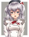  1girl :3 beret blue_eyes blush breasts epaulettes gloves hat kantai_collection kashima_(kantai_collection) keita_(tundereyuina) large_breasts long_hair looking_at_viewer military military_uniform open_mouth sidelocks silver_hair smile solo twintails uniform wavy_hair white_gloves 